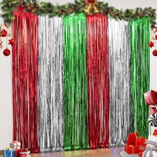 3 Pack Christmas Party Decorations 3.3 x 6.6ft Foil Fringe Curtains Red Silve...