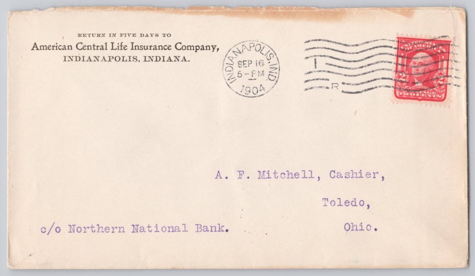 Indianapolis, IN Am. Central Life Insurance cover, Un 1904 Postal History