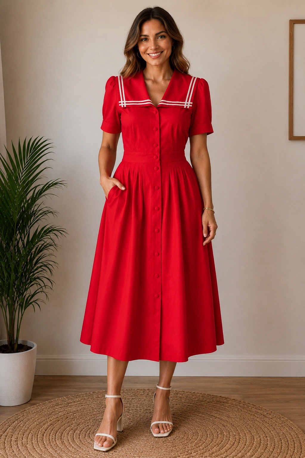 Vintage Red Sailor Midi Dress Women 14 Modest Teacher Nautical Square Collar