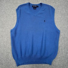 Vintage Polo Golf Ralph Lauren Sweater Vest Mens L Blue Cotton V-Neck Pony Knit