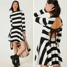 Anthropologie NEW Maeve Knit Mock Neck Striped Open Back with Bow Mini Dress XS