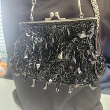 Vintage Black Beaded Evening Bag/Purse, Beautiful Accents, 46" Chain Strap