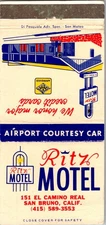 Ritz Motel San Bruno California Vintage Matchbook Cover R.