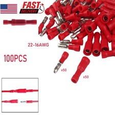 100PCS 22-16 AWG Red Male Female Bullet Connector Insulated Vinyl Terminal .156"