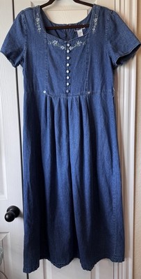 M VINTAGE cotton denim jean dress embroidered long flared skirt Buttons Short