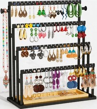 Earring Holder Organizer, 4-Tier Metal Jewelry Display Stand with Wooden Stor...
