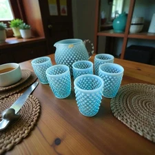 Fenton Blue Opalescent Hobnail Art Glass Pitcher And 6 Glasses Set