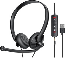 USB Headset with Microphone for PC Laptop - Wired Computer Headphones with Noise
