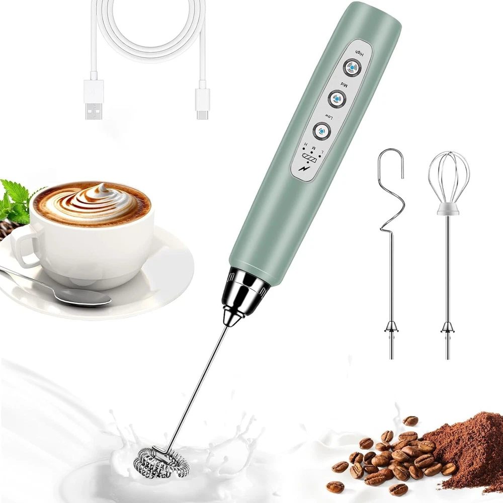 Milk Frother Handheld for Coffee, Electric Whisk 3 Speed Morandi Green