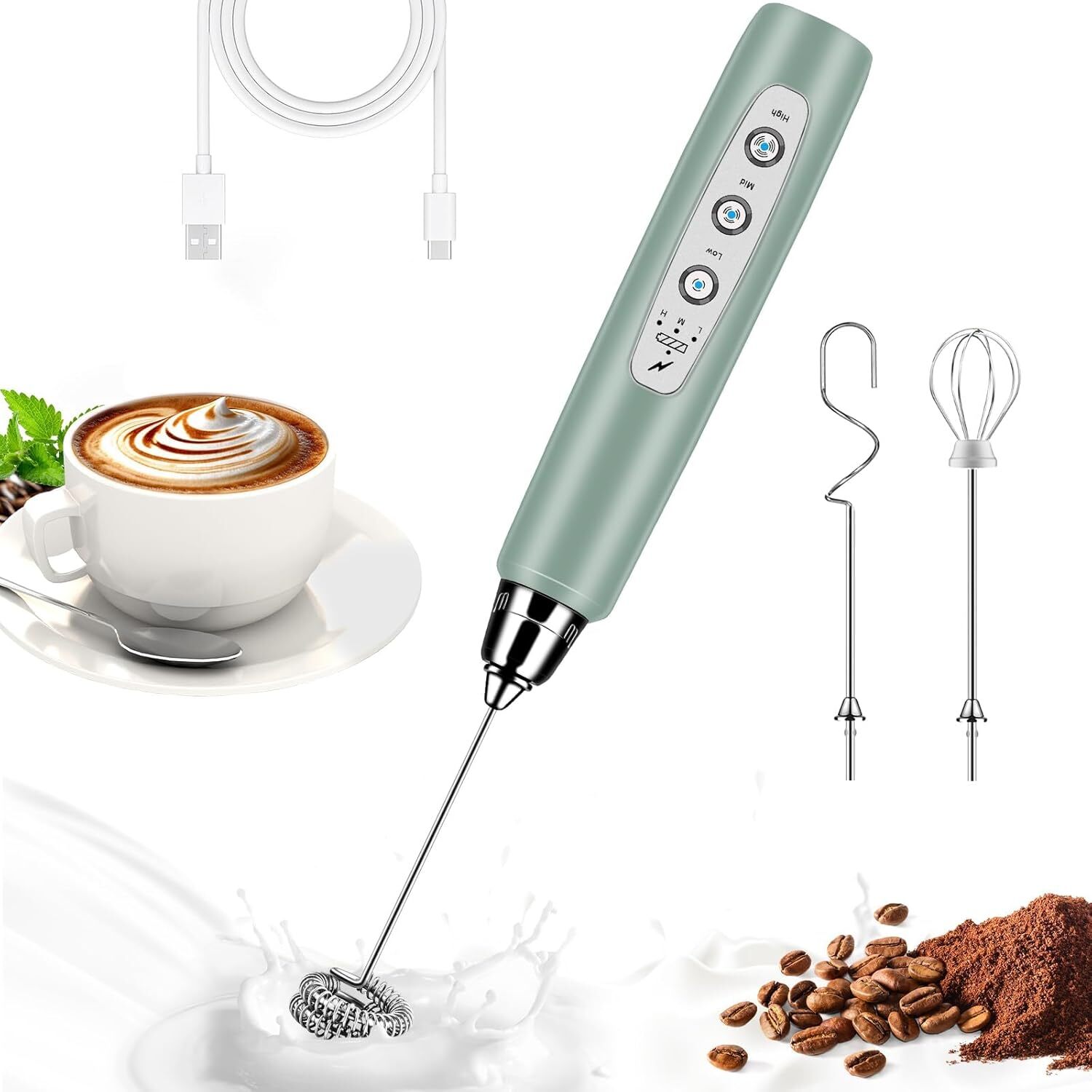 Milk Frother Handheld for Coffee, Electric Whisk 3 Speed Morandi Green-image