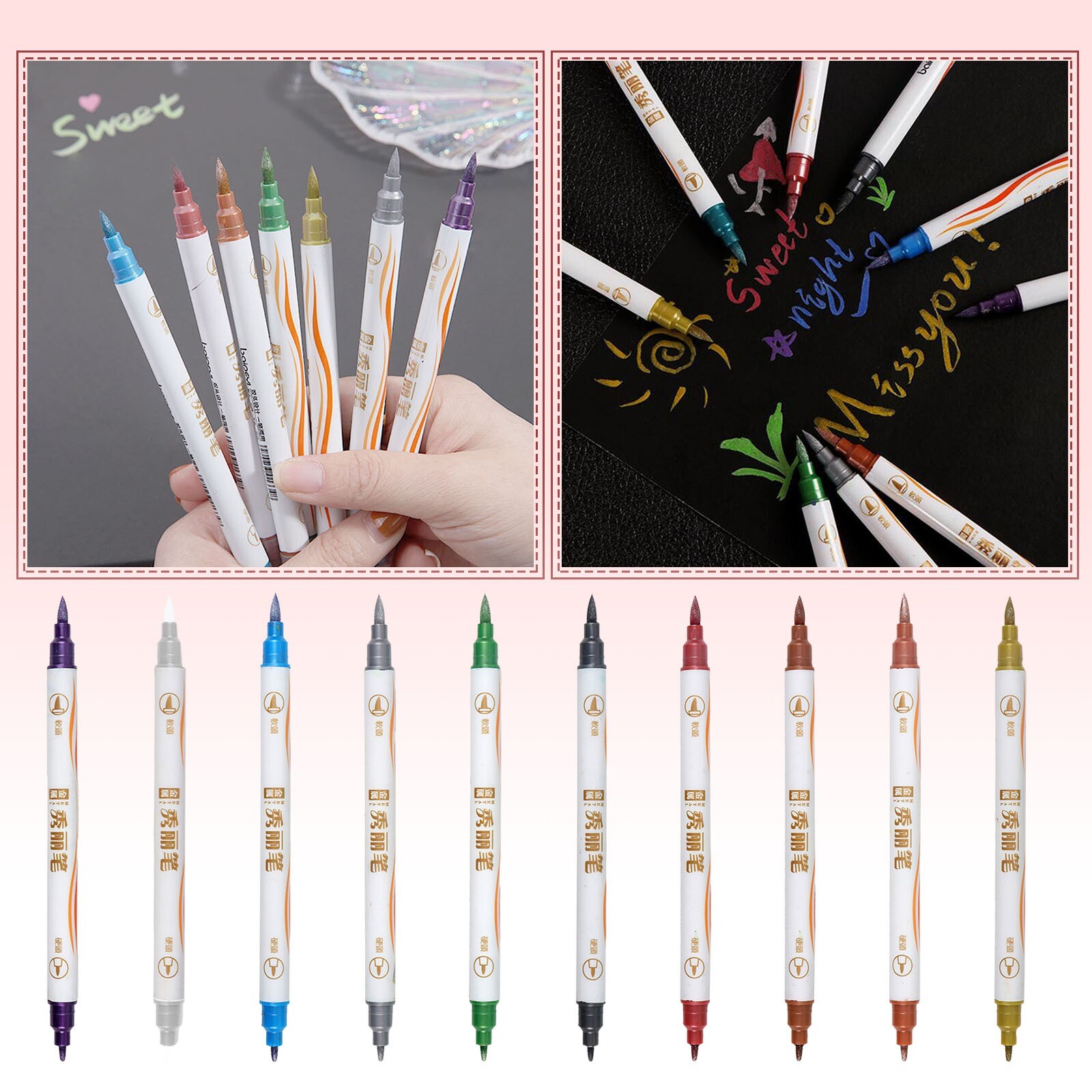 Colorful Pen With Double Head 10ml Metal Pearlescent Soft Pen Art Painting