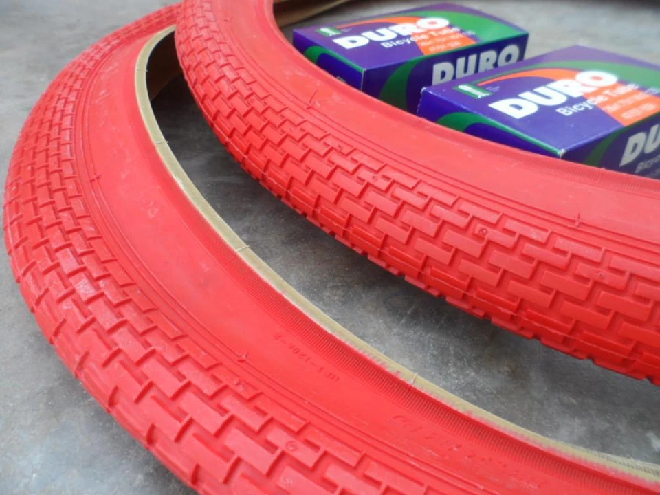 Two(2) Duro 26x2.125 Beach Cruiser Bicycle Tires & 2 tubes Brick Pattern All RED