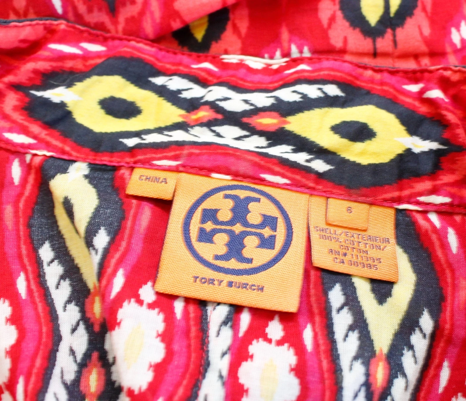 Abito a tunica con punta rosso multicolore Tory Burch stampa Ikat copertura taglia 6