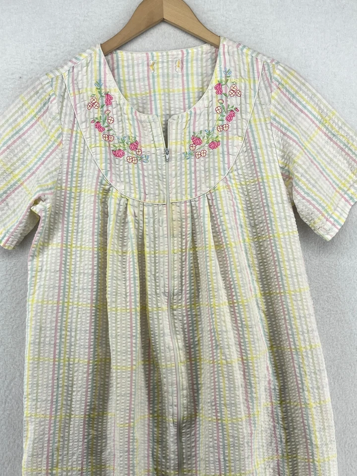 Camisón BARBIZON S Seersucker Rayas Cremallera Frontal Casa Vestido Salón Verde De Colección Foto 3 de 4