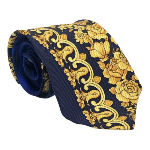 Vintage Gianni VERSACE Blue & Gold Silk Tie Barocco & Waves Fall/Winter  1991/92