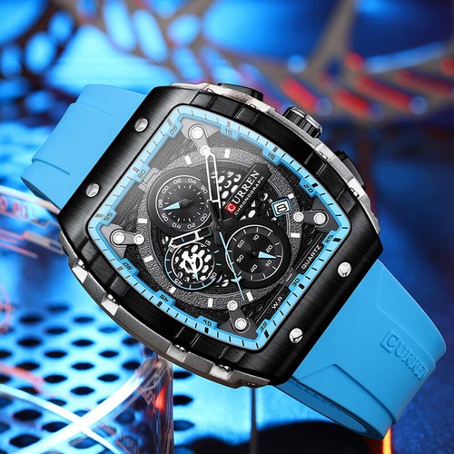 Reloj de pulsera cuadrado de lujo con banda de goma resistente al agua acero inoxidable con fecha para hombre - Imagen 8 de 25