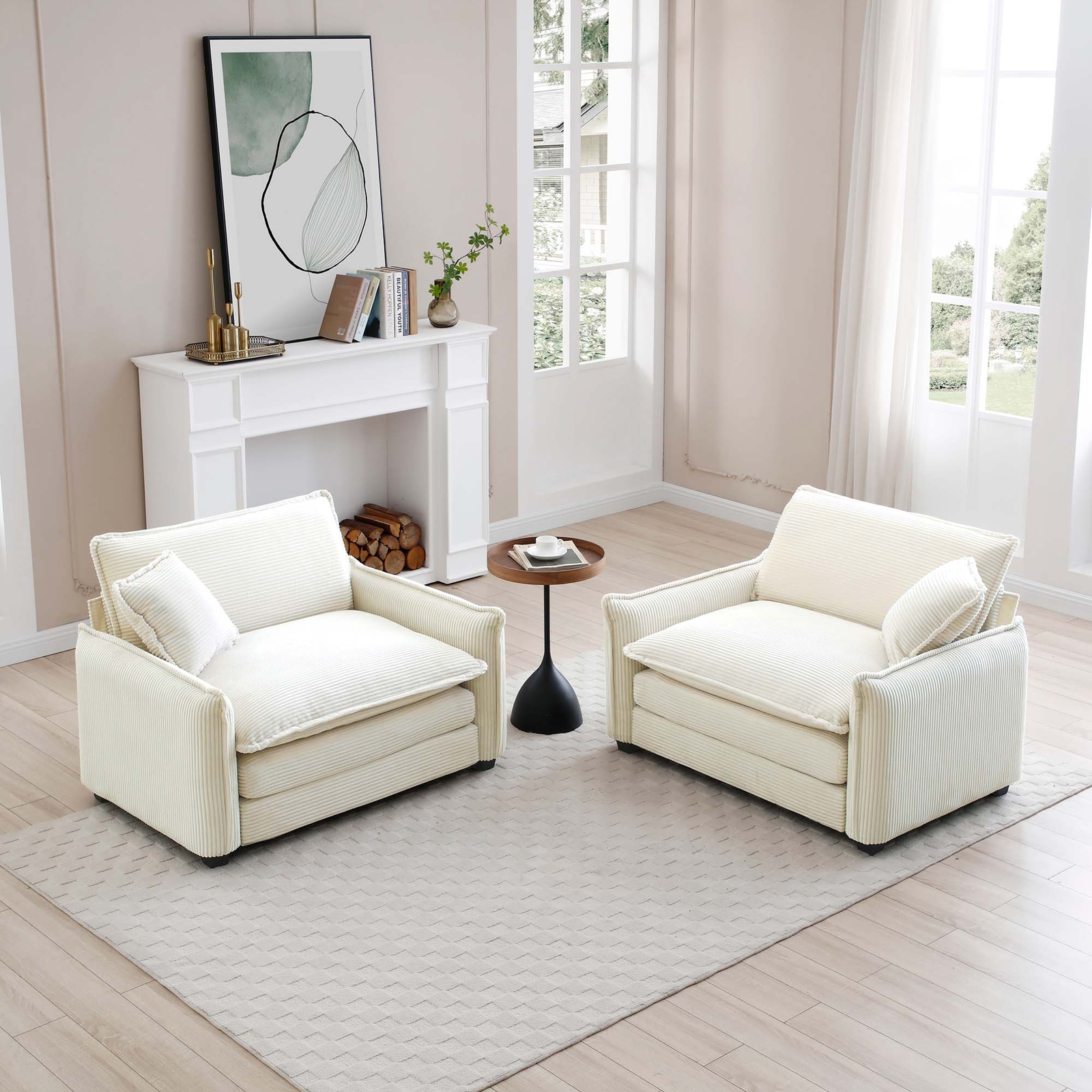 Luxurious Beige Corduroy Deep Seated Sofa Set with Two Single Seats