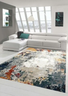 Tapis Moderne Couloir Salon Design Abstrait Gris Bleu Rouge - Entretien Facile - Photo 1/4