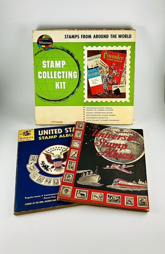 Vintage 1960’s Stamp Collecting Kit & Books • USA & Worldwide • Whitman • Minkus