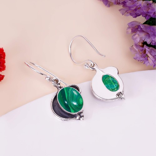 Malachite Gemstone 925 Sterling Silver Jewelry Earring, Designer Earring - Picture 4 of 4