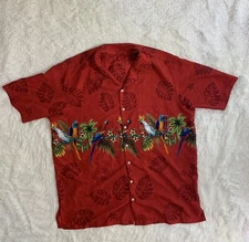 VTG Hawaiian Tropical Beaches Shirt Mens Sz 2XL Button Up Parrots Birds Red