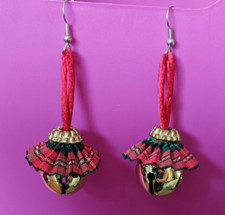 Christmas Jingle Bell Dangle Earrings Red Green Gold Plaid - Festive and Fun