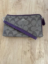 Coach Brown/Purple Double Corner Zip Wristlet Signature Canvas. Look At All Pics