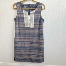 Talbots Slate Blue Stripe Sleeveless Shift Dress Crochet Neckline Size 10