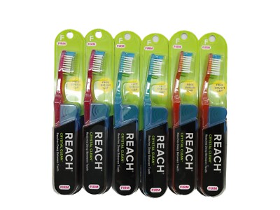 6 pk Reach Toothbrush Firm Crastal Clean With Travel Cap Assorted Colors 