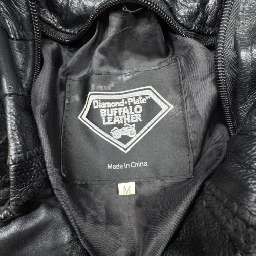 Vtg Diamond Plate Mens Buffalo Leather Motorcycle Jacket Sz M Black Belted Laced - Picture 8 of 18