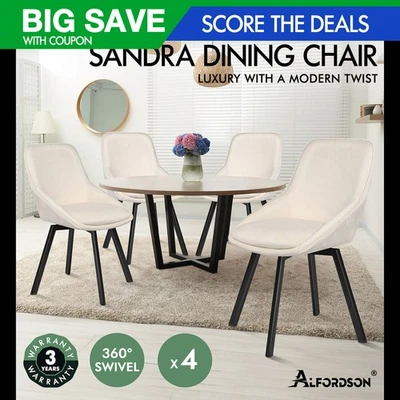 ALFORDSON 4x Dining Chairs Accent Kitchen Swivel Lounge Padded Seat Velvet Beige - image 1 of 4