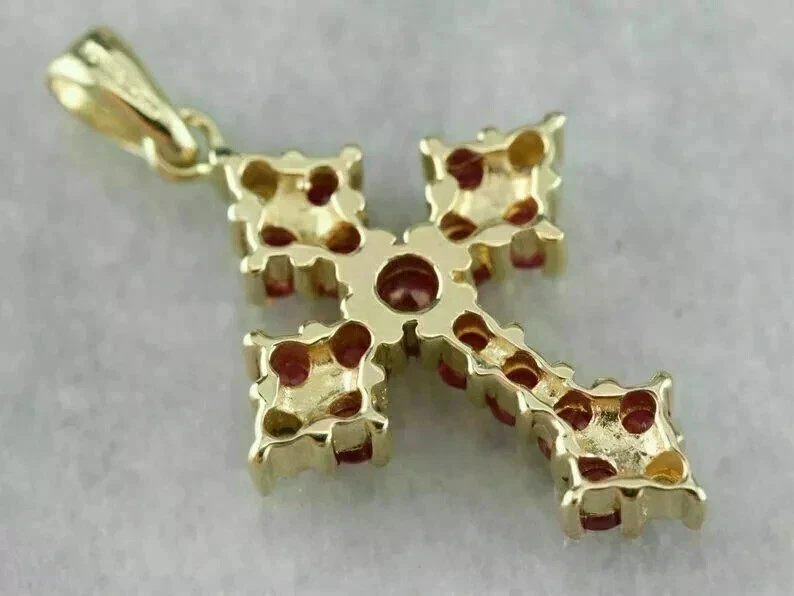 2Ct Round Lab Created Red Ruby Cross Pendant 14k Yellow Gold Plated Free Chain - Image 3 of 4