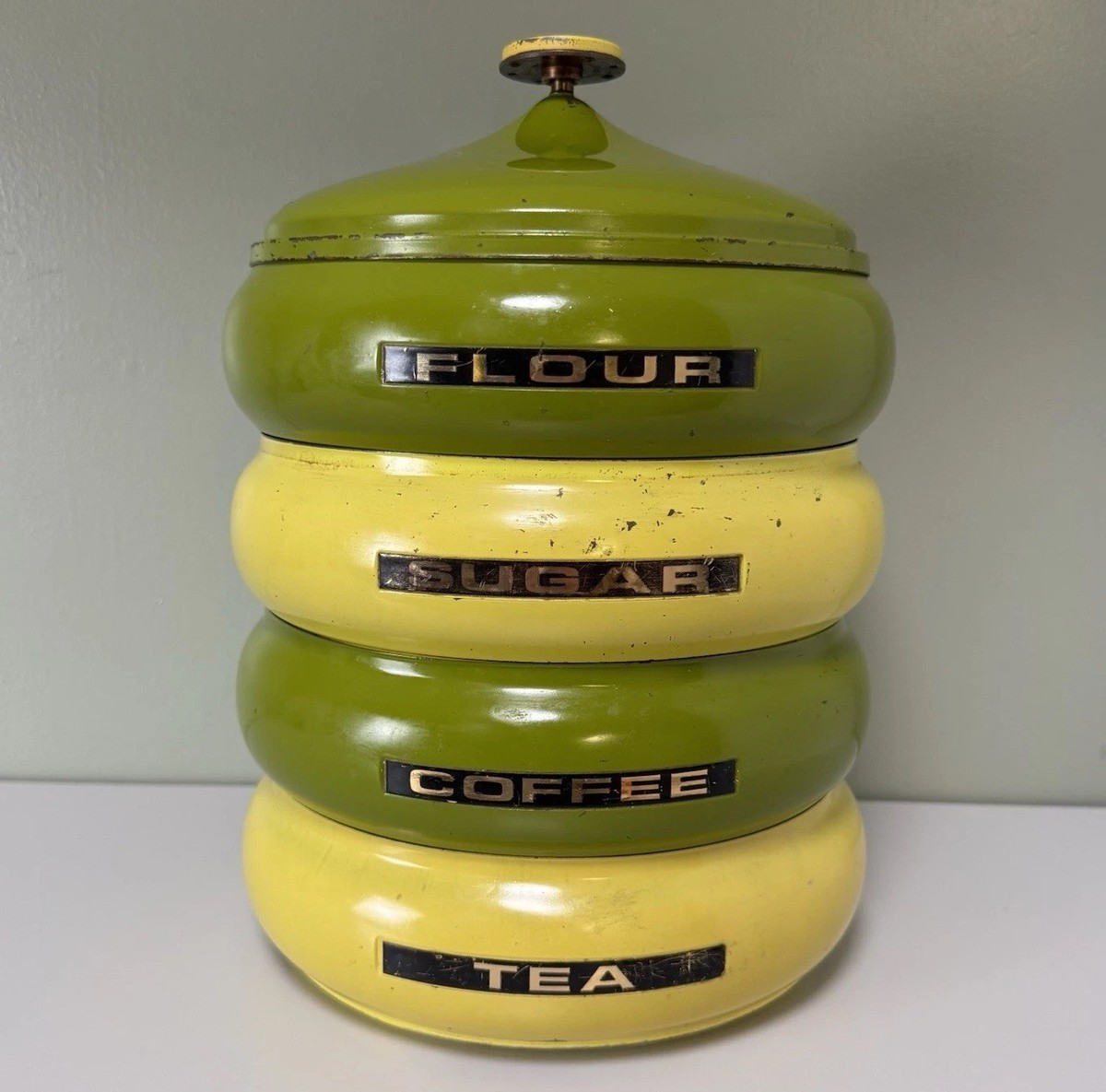 Vintage MCM Pagoda Beehive Canister Set Enamel Metal Flour Sugar