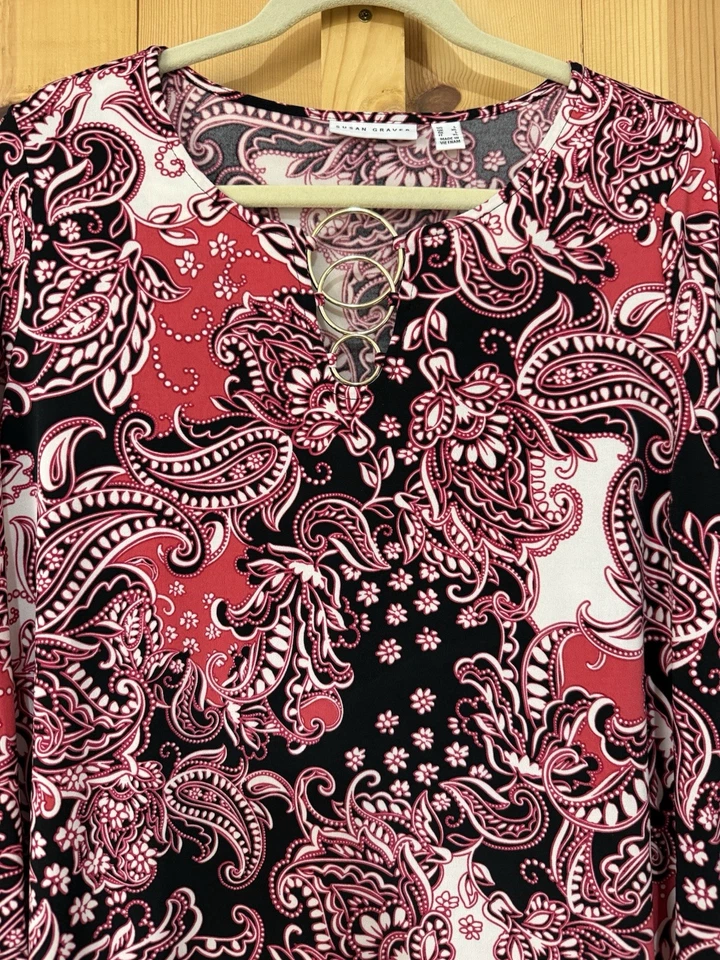 Blusa túnica Susan Graver para mujer grande rosa cachemira manga 3/4 anillos dorados Foto 2 de 4