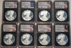 Lot (8) NGC $1 PF 70 American PROOF Silver Eagles 2020 S Mercanti 2025 W 1 oz