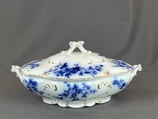 Antique W.H. Grindley ROSE Flow Blue 11    Oval Coverd Serving Bowl c. 1893