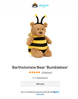 Jellycat Bartholomew Bear Bumblebee BNWT Bee Bear - 100% Real