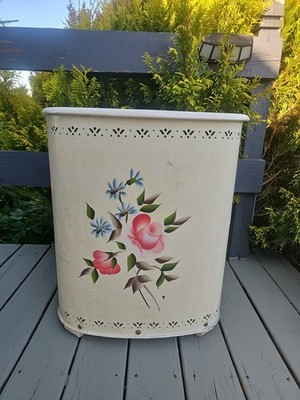 Vintage Mid-Century 50s 60s Detecto Metal Laundry Hamper w/ Hand Painted Floral