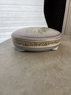 Antique KPM Berlin Hand-Painted Porcelain Dresser/Trinket Box Oval 1800s-e1900s 