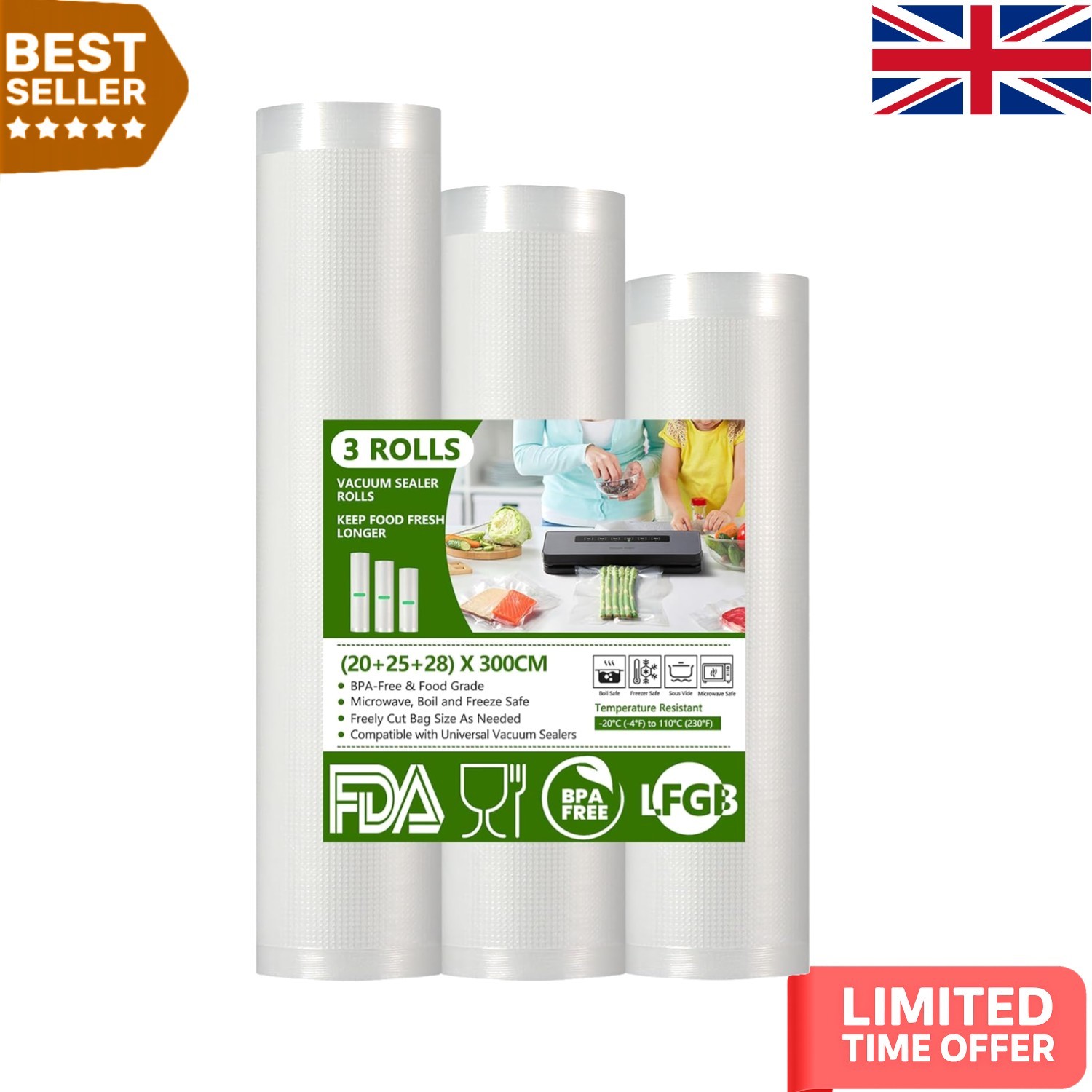 Customizable Vacuum Sealer Rolls - 3 Heavy Duty Sous Vide Bags (Total 900cm)