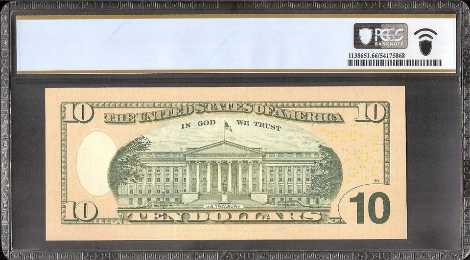 2009 $10 BILL 222222 NEAR SOLID NUMBER FEDERAL RESERVE NOTE PCGS 66 PPQ - Image 3 of 3