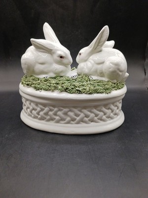 Vintage Italian Hand Painted Mojalica Oval Box with Rabbits and Grass