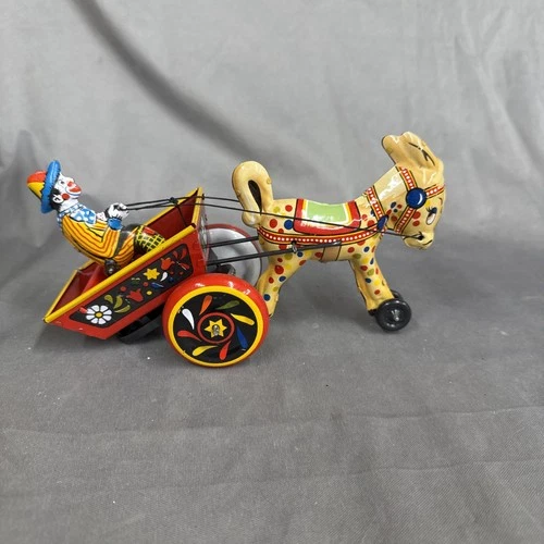 Vintage Tin Lithographed Wind-up Toy of a Clown in a Cart Pulled by a Donkey