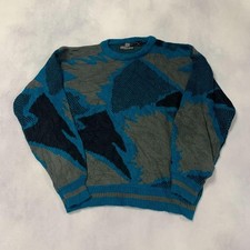Vintage Abstract Knitted Jumper Patterned Grandad Knit Sweater Men's L