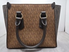 New Michael Kors Kris MK Logo Signature Satchel Small Crossbody Brown/Gold $298