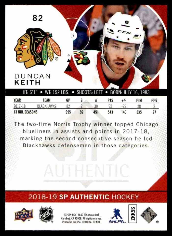 2018-19 SP Authentic Duncan Keith #82 - Image 2 of 2