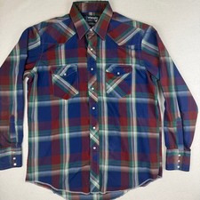 Wrangler Cowboy Cut Western Shirt Mens 17x35 Plaid Pearl Snap X-Long Tails Blue