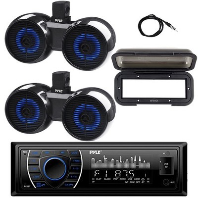 Pyle Marine Bluetooth Radio, 2x 6.5'' LED Dual Tower Black Speaker, Cover,Antenna