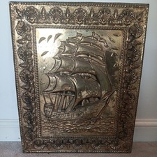 Vintage Embossed Brass Nautical Fire Screen 