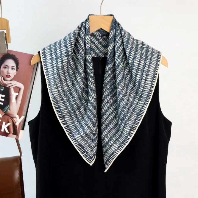 70% Cashmere 30% Silk 26'' Shawl Neckerchief line Print Scarf Bandana Wrap Blue